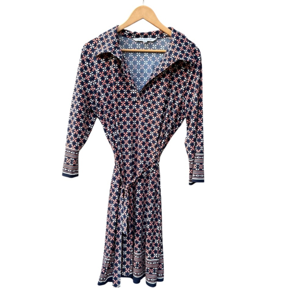 Max Studio Geometric Print Belted Dress Collar Long Sleeve Border Print Large